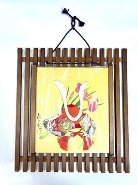 Japanese Art Board Oshie Shikishi Paper Craft Samurai Helmet w/ Frame Fabric